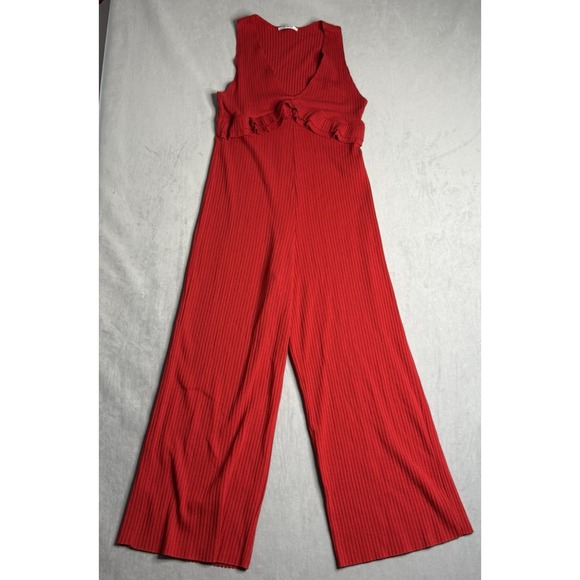Zara Pants - Zara Trafaluc Jumpsuit Womens S Ribbed Knit V Neck Wide Leg Ruffle Red Night Out